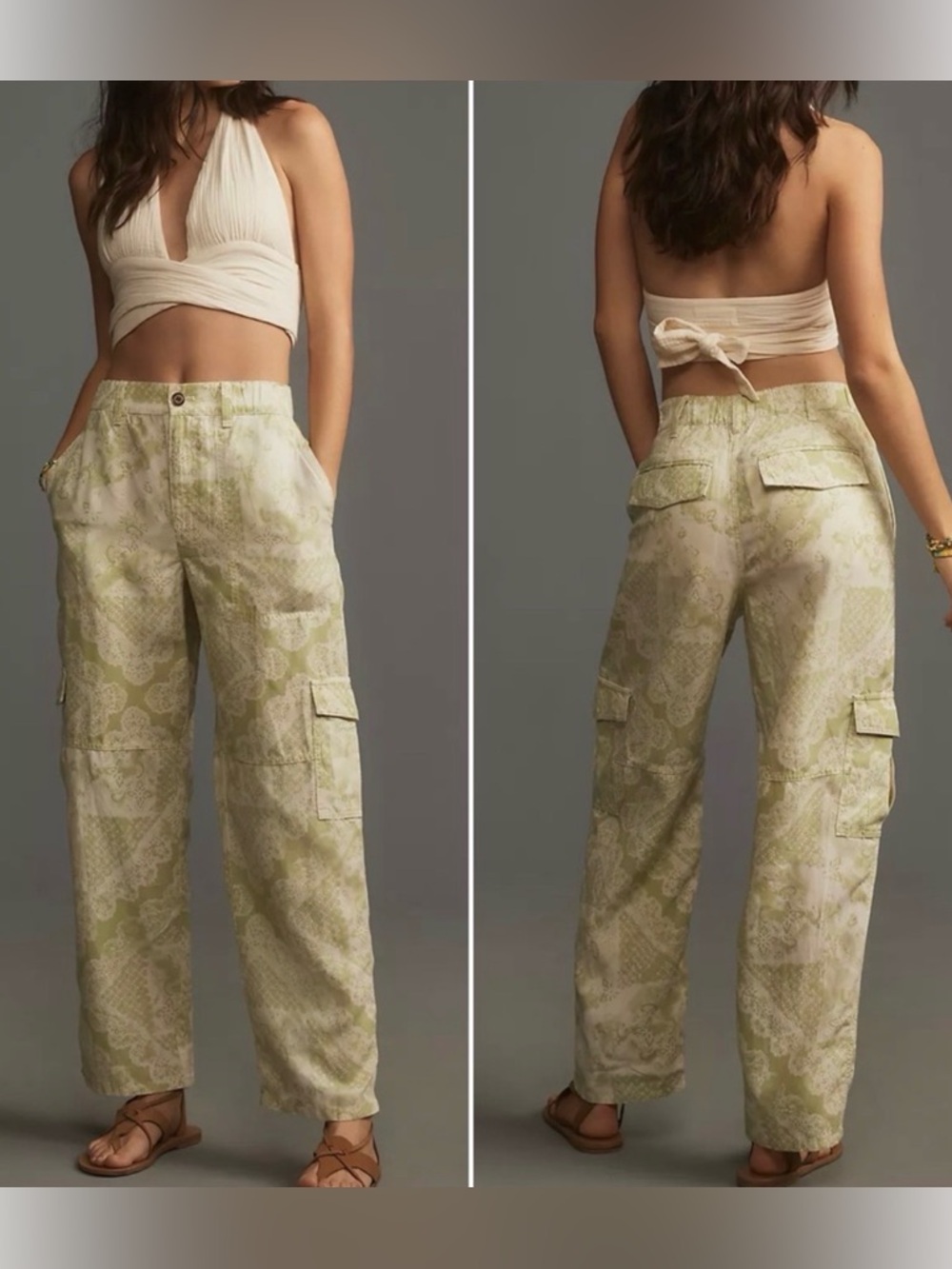 Anthropologie Pilcro Slim Linen-Blend Beach Cargo Pants green white XL